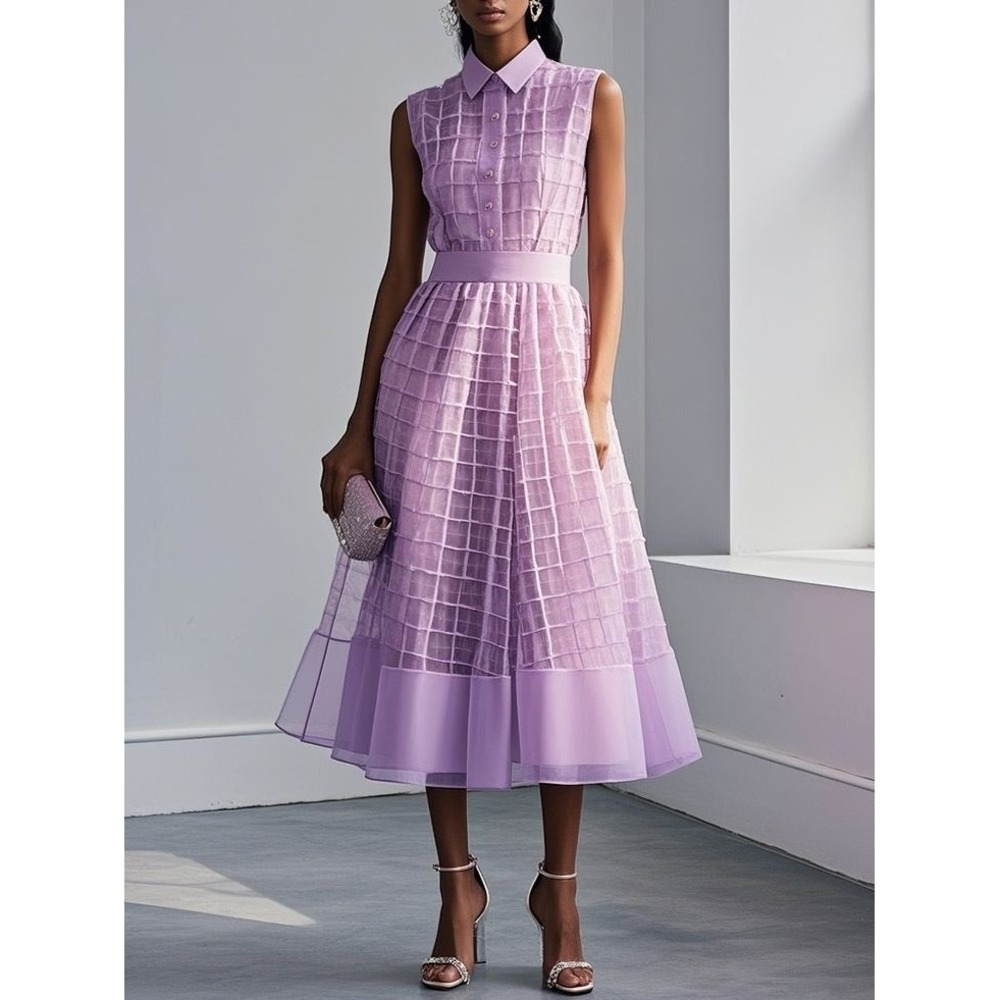 FEHAUTE Lilac Grid Organza Sleeveless Shirt Dress NWT US 8 Lavender